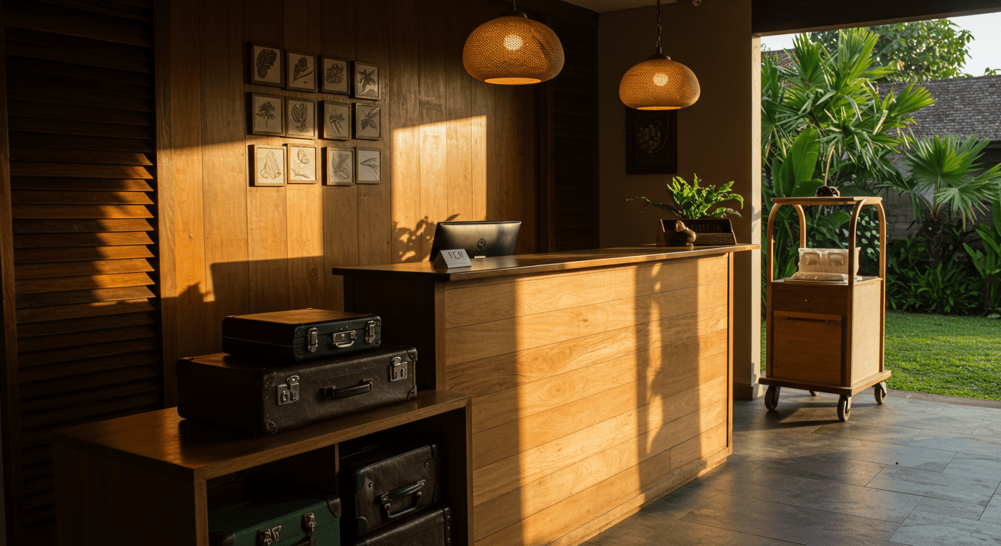 Bali peak season hotel operations with a reception desk, room key cards, guest luggage, and warm afternoon light