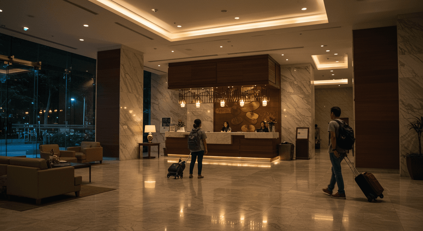 School holiday travel in Indonesia with a hotel front desk, clean lobby, luggage, warm lighting, and staff coordinating room readiness