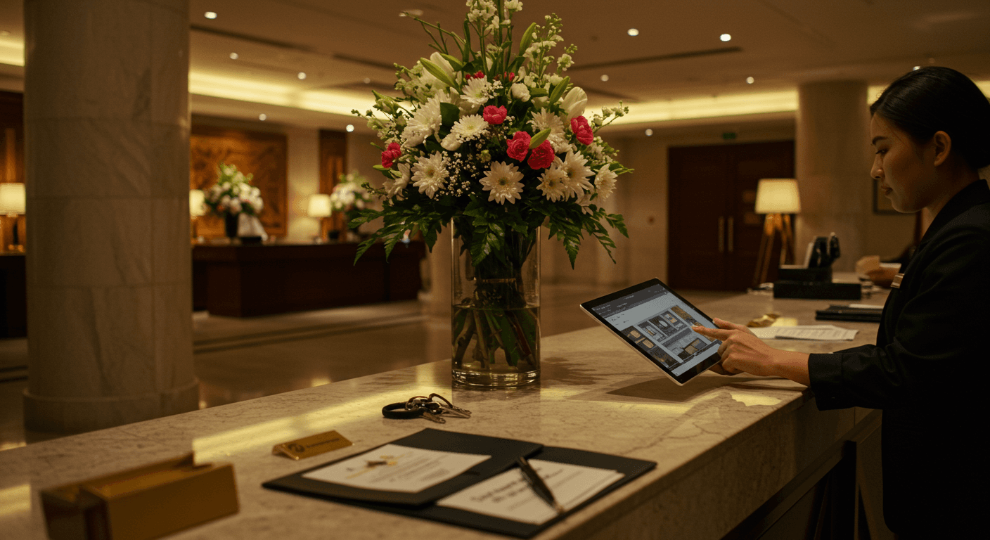 Hotel sales team managing wedding and MICE bookings with room block planning, deposit confirmation, and housekeeping coordination in a premium Indonesian hotel lobby